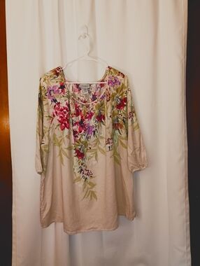Catherines Women's Linen Blend Floral Peasant Top 1X Cottage Bloomcore Spring